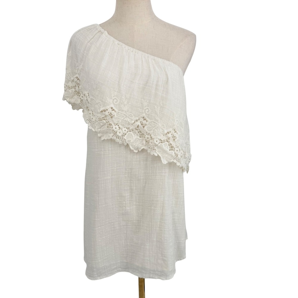 One Shoulder Dress S Ivory Lace Ruffle Boho Mini Feminine Summer Crochet Beach